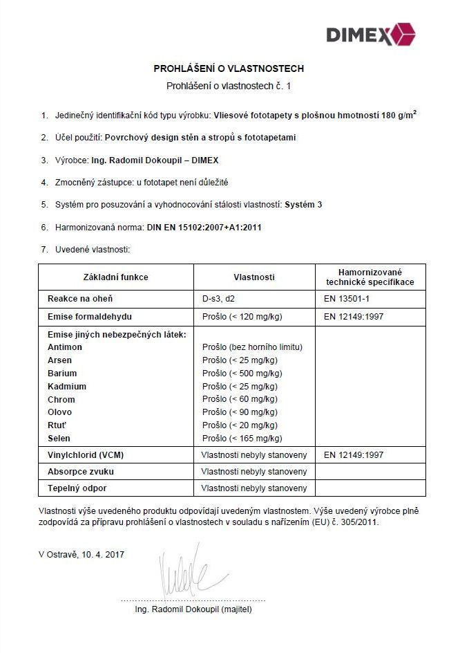 Certifikace CE - vliesové fototapety DIMEX - prohlášení o vlastnostech