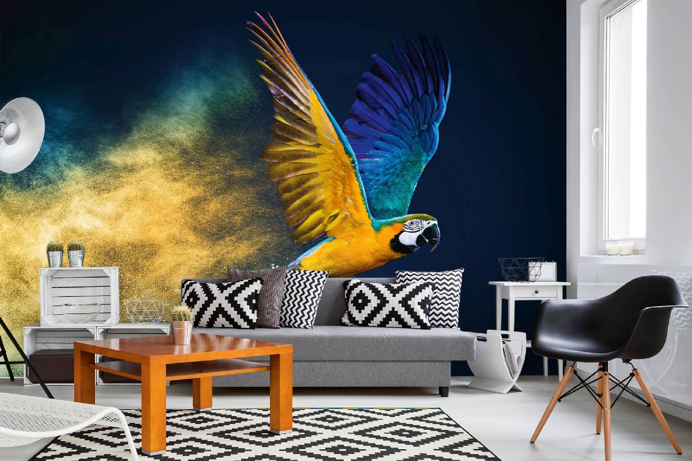 Samolepicí vliesová fototapeta Letící papoušek Ara 375 x 250 cm