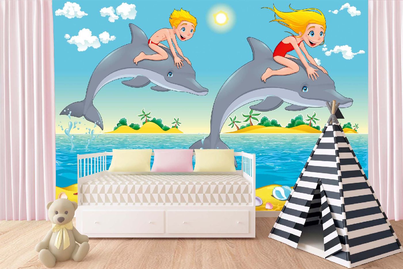 Samolepicí vliesová fototapeta Děti a delfín 375 x 250 cm