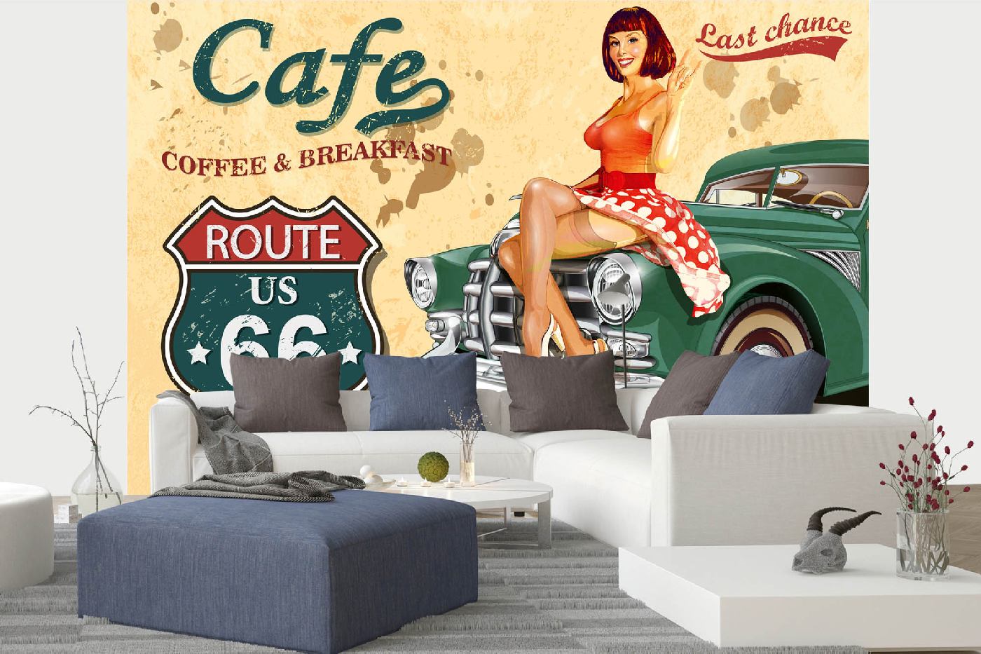 Samolepicí vliesová fototapeta Plakát Café Route 66 375 x 250 cm