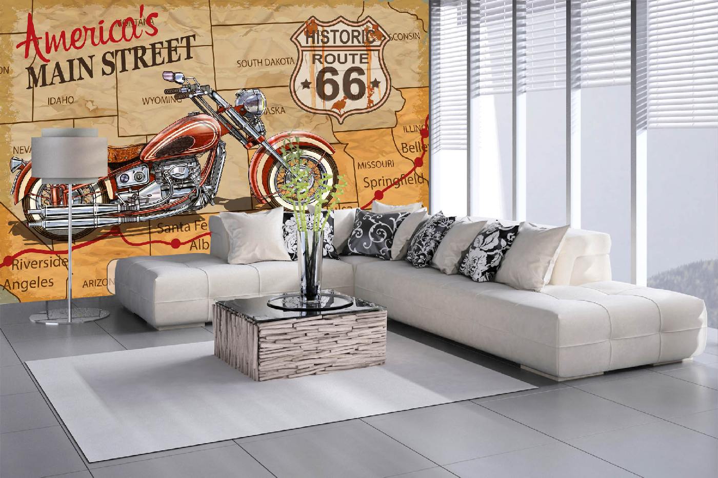 Samolepicí vliesová fototapeta Plakát motocykl na Route 66 375 x 250 cm