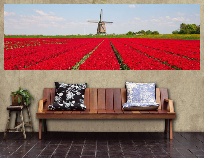 M-171 Vliesové fototapety na zeď Tulipány a větrné mlýny - 330 x 110 cm