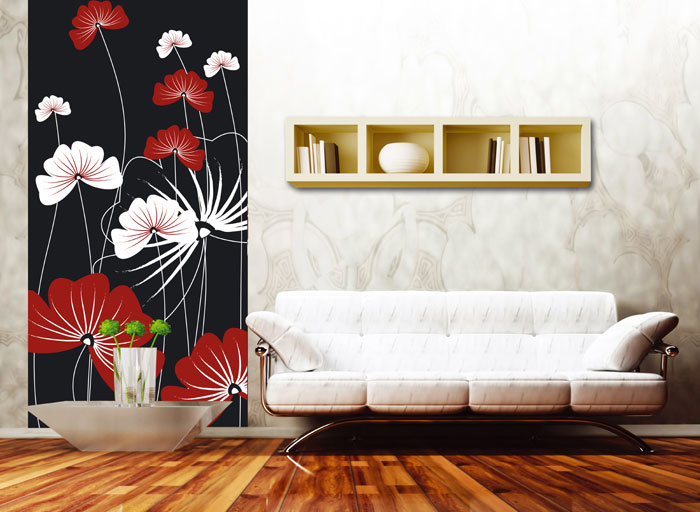 S-317 Vliesové fototapety na zeď Červeno bílé květy na černém pozadí - 110 x 220 cm