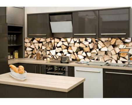 Skleněná stěna za kuchyňskou linku - Fotosklo Dřevěná polena