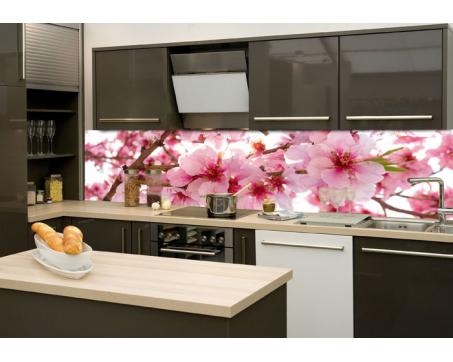 Skleněná stěna za kuchyňskou linku - Fotosklo Květy jabloně