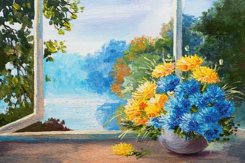 Vliesová fototapeta Malba - Modré květiny 375 x 250 cm