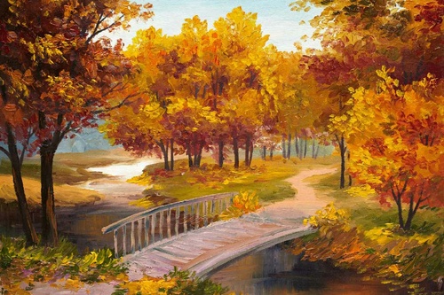 Vliesová fototapeta Malba - Podzimní les s řekou 375 x 250 cm